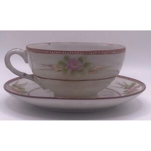 Vintage Teacup and Saucer Nippon Floral Pink Roses Gold Gilt Hand Painted